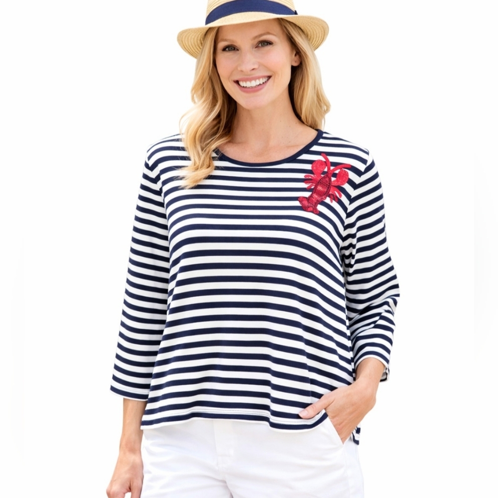 Quacker Factory Lobster Sequin Nautical Striped Top Women Size Large 3/4 Sleeve